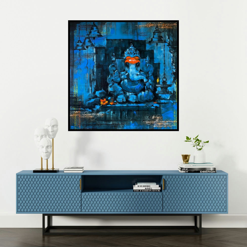 'Ekdant (Ganesha's Blue Sanctuary)' painting by Sandeep Chhatraband shown on a wall in a furnished room.