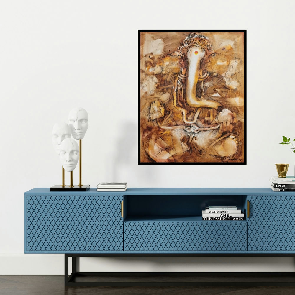 'Ekdant (Cosmic Ganesha)' painting by N S Manoharan shown on a wall in a furnished room.