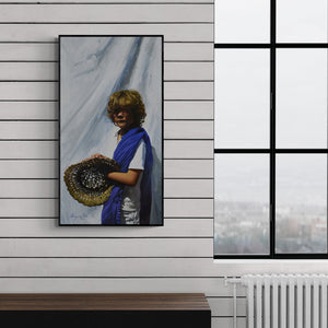 Preview of 'El vendedor de sombreros' Painting by Jose Higuera shown on a wall in a furnished room.