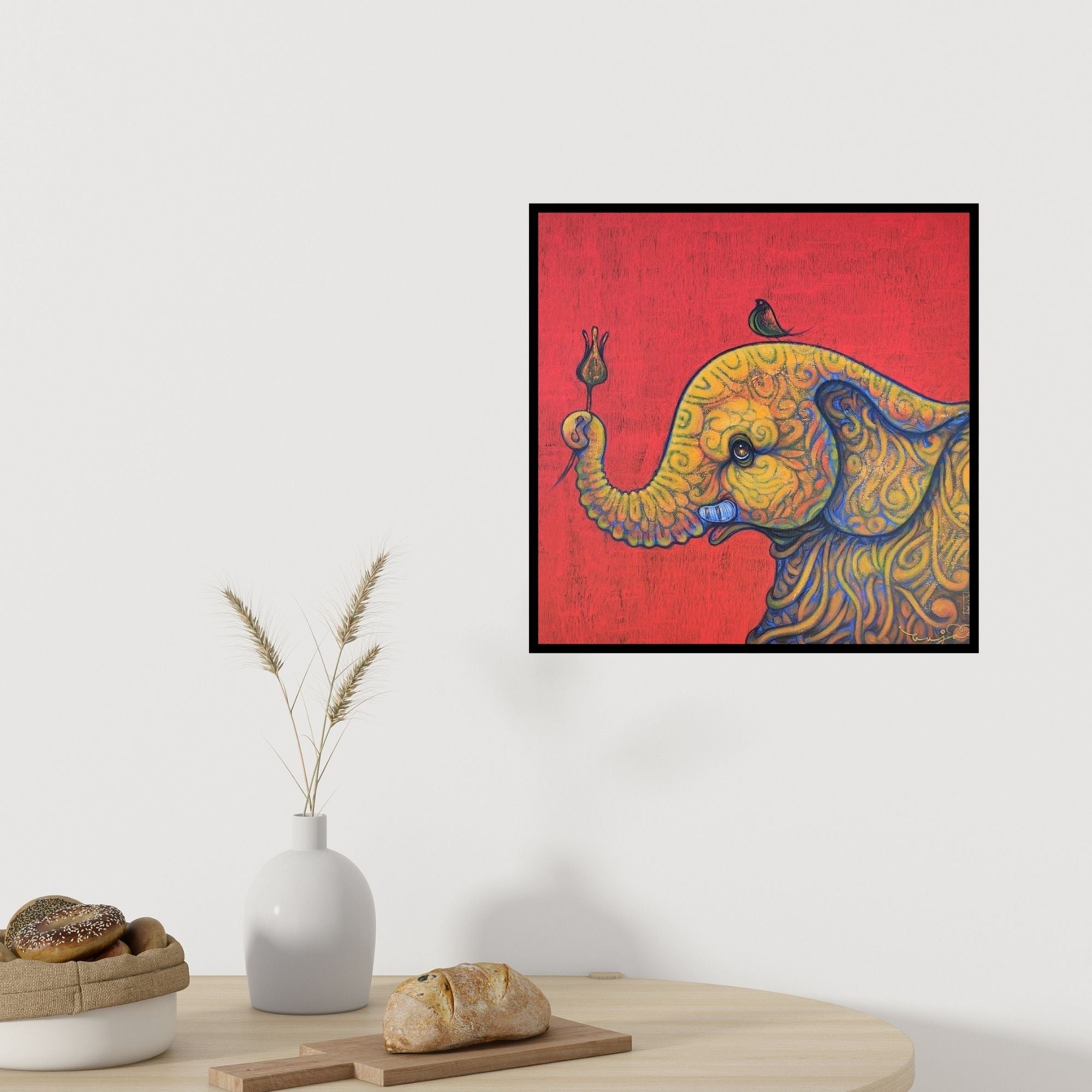 In-situ view of Ramesh Gujar's 'Elephant (Gentle Giant)' painting in a room