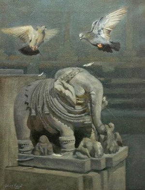 Elephant And Pigeon (Urban Meditation: A Figurative Composition) by Uday Farat, Original Oil Nature Painting on Canvas, Medium Vertical Wall Art
