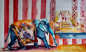 Elephant Kumbakonam (Majestic Wanderer: An Elephants Journey) by Veronique Piaser-Moyen, Original Watercolor Cityscape Painting on Paper, Small Horizontal Wall Art
