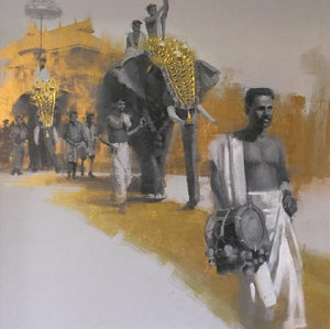 Figurative acrylic painting titled 'Elephant Procession 4', 24x24 inches, by artist Pankaj Bawdekar on Canvas