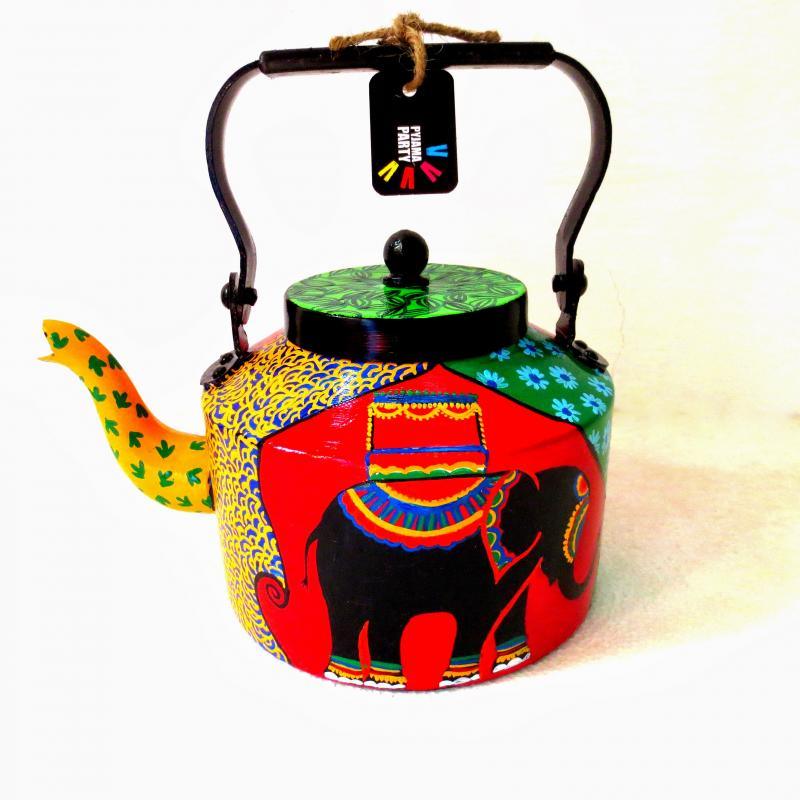Lifestyle craft titled 'Elephant Tales Tea Kettle', 9x9x7 inches, by artist Rithika Kumar on Aluminium