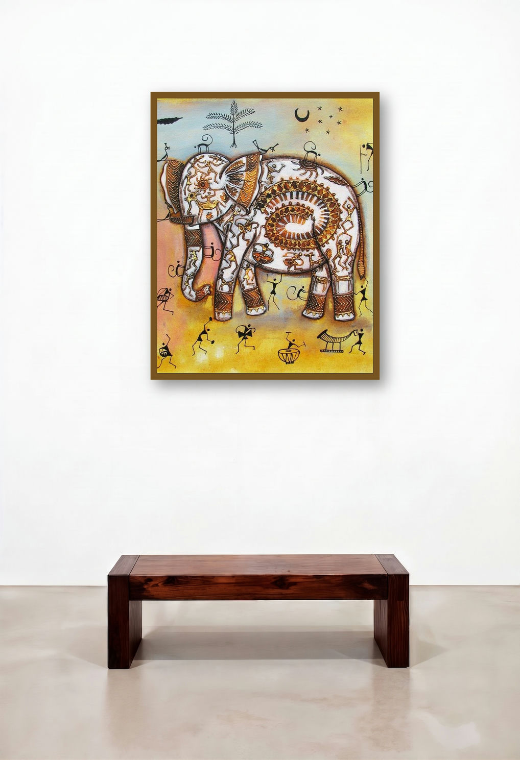 Elephant Tribal Painting Ii by artist Pradeep Swain displayed in a Mid-Century Modern Foyer