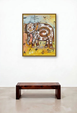 Elephant Tribal Painting Ii by artist Pradeep Swain displayed in a Mid-Century Modern Foyer