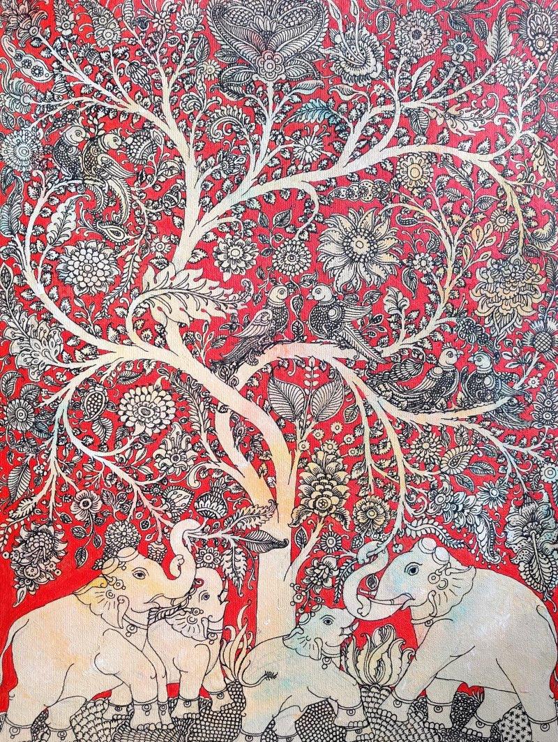 Nature acrylic painting titled 'Elephant Under The Tree', 48x36 inches, by artist Harinath N on Canvas