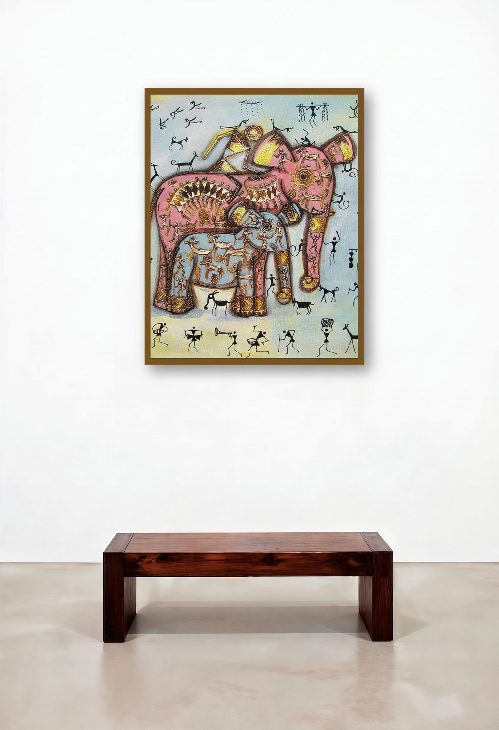 Elephant With Baby artist Tribal Painitng Blue by artist Pradeep Swain displayed in a Traditional Living Room