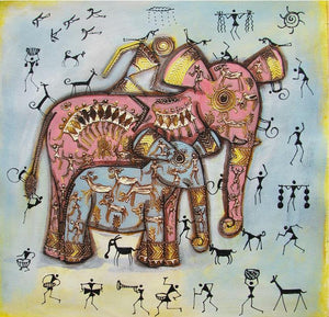 Elephant With Baby Tribal Painitng Blue by Pradeep Swain, Original Acrylic Animal Painting on Canvas, Small Square Wall Art