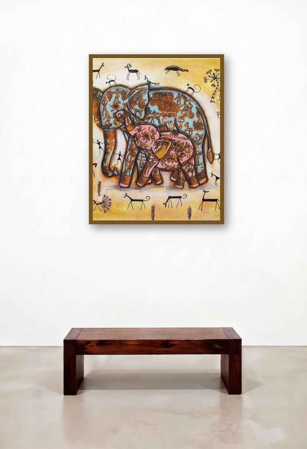 Elephant With Baby artist Tribal Painitng Yellow by artist Pradeep Swain displayed in a Minimalist Foyer