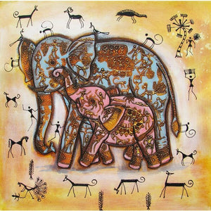 Elephant With Baby Tribal Painitng Yellow by Pradeep Swain, Original Acrylic Animal Painting on Canvas, Small Square Wall Art