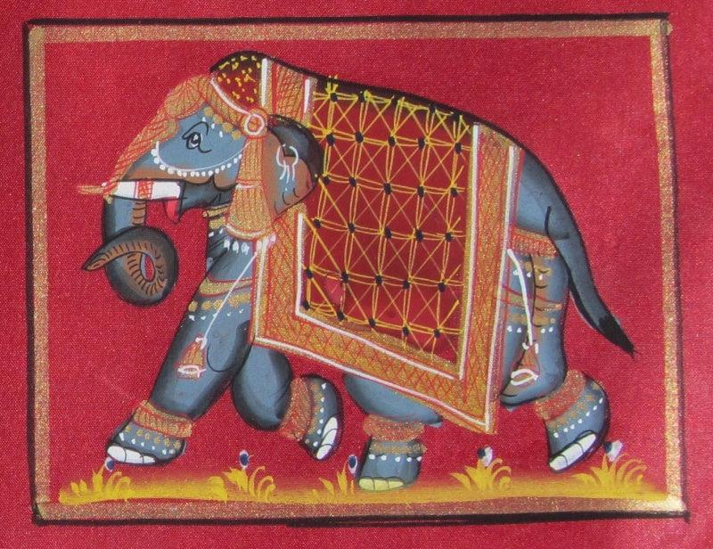 Animals miniature traditional art titled 'Elephant With Trunk Down', 3x4 inches, by artist Unknown on Silk
