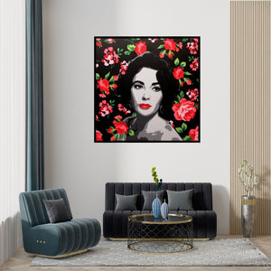 Preview of 'Elizabeth Taylor (A Timeless Icon)' Painting by Sujit Karmakar shown on a wall in a furnished room.