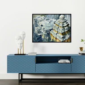Preview of 'Ellora 1 (A Masterpiece Carved in Stone)' Painting by Yojana Dehankar shown on a wall in a furnished room.