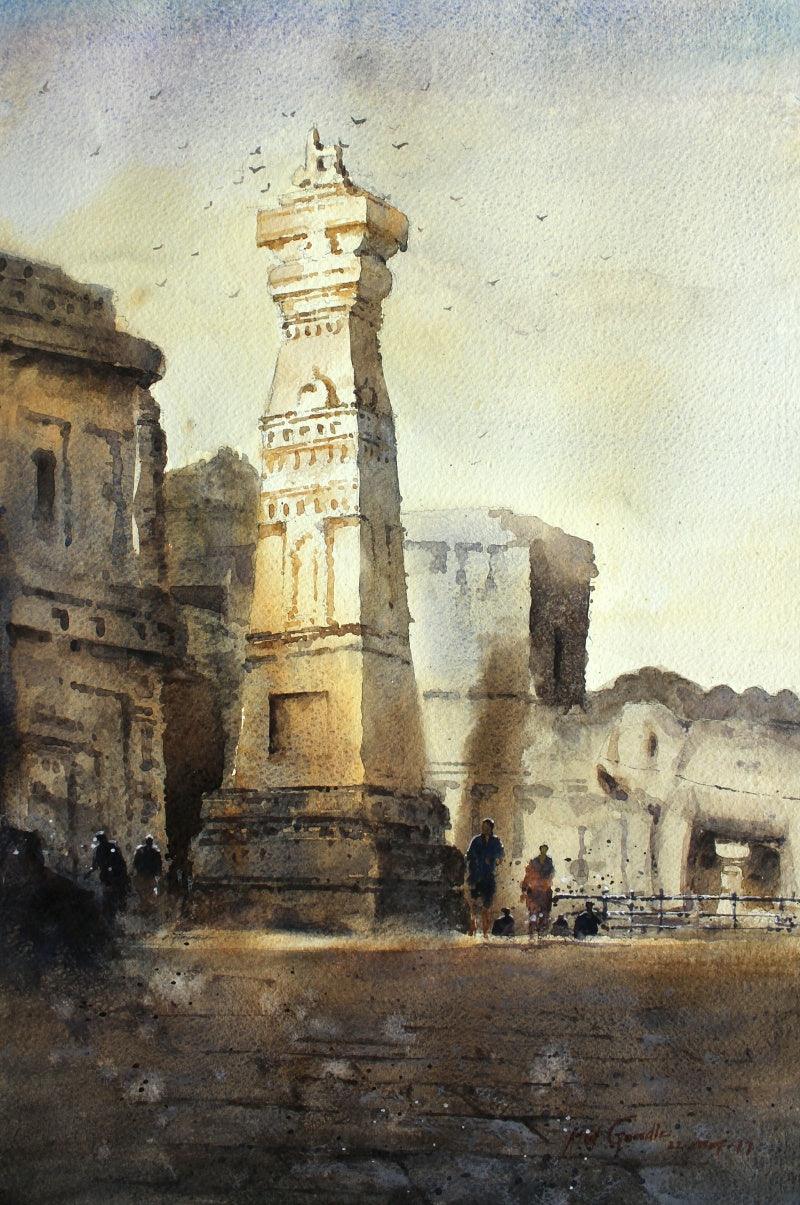 Cityscape watercolor painting titled 'Ellora', 12x20 inches, by artist Atul Gendle on Paper