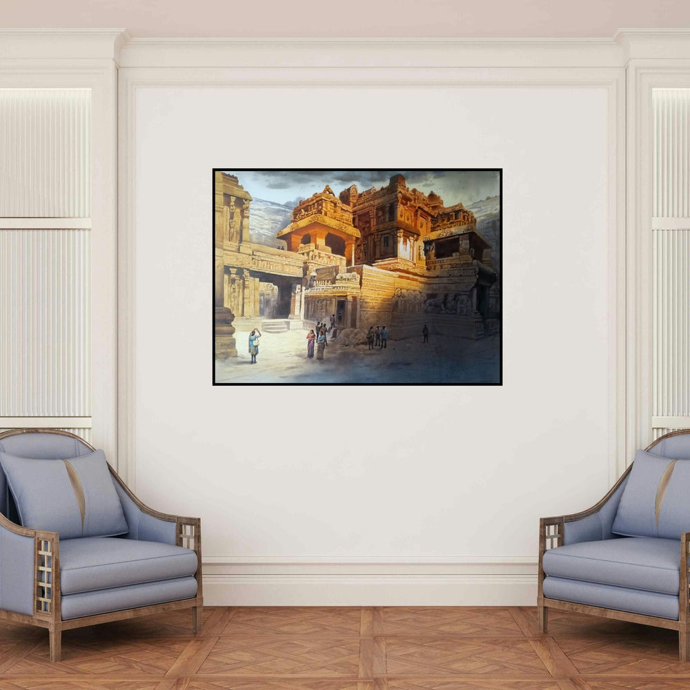 'Ellora Caves 3' painting by Nanasaheb Yeole shown on a wall in a furnished room.