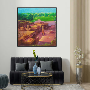 Yogesh Lahane's 'Ellora Caves (Ancient Temple Complex)' painting visualized above a sofa in a contemporary room.