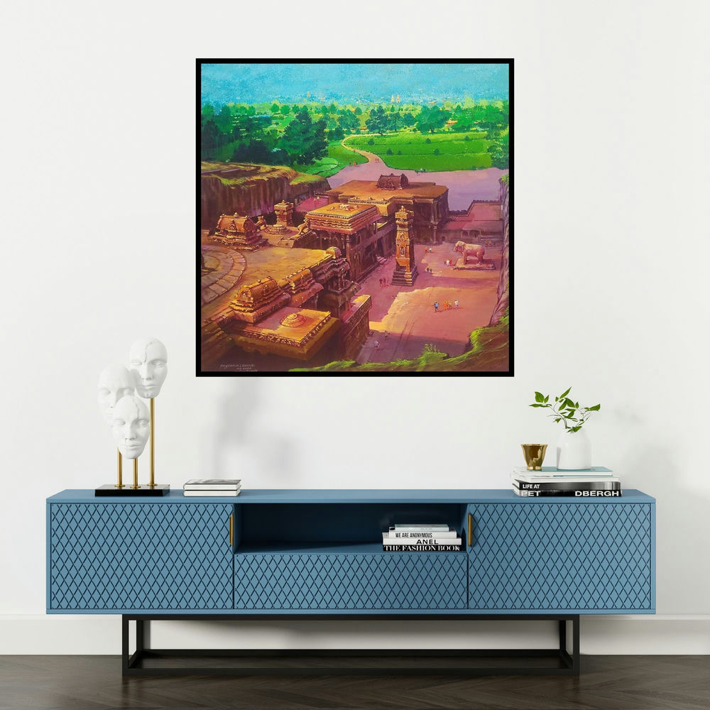 'Ellora Caves (Ancient Temple Complex)' painting by Yogesh Lahane shown on a wall in a furnished room.