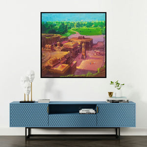 'Ellora Caves (Ancient Temple Complex)' painting by Yogesh Lahane shown on a wall in a furnished room.