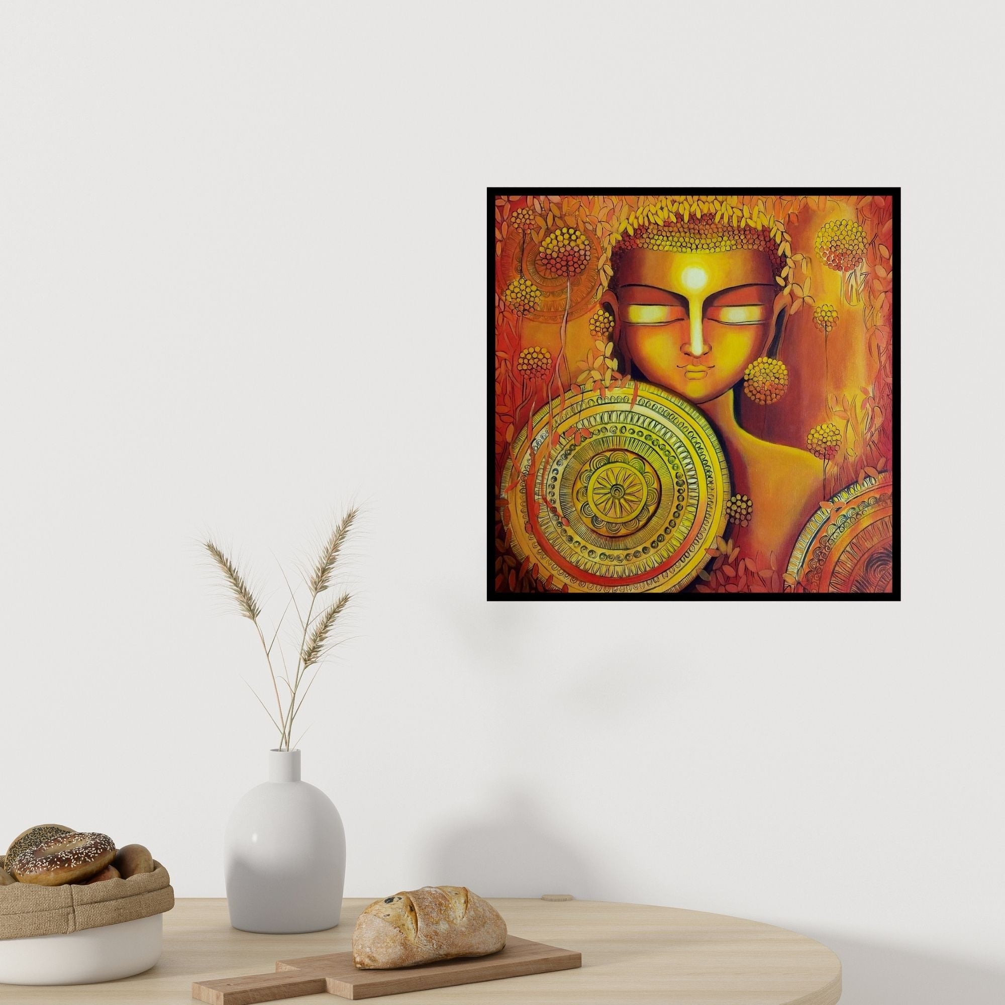 In-situ view of Nitu Chhajer's 'Emerging Budhha 2 (Buddha in Gold)' painting in a room