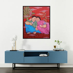 Apurba Karati's 'Emotion (Domestic Bliss)' painting visualized above a sofa in a contemporary room.