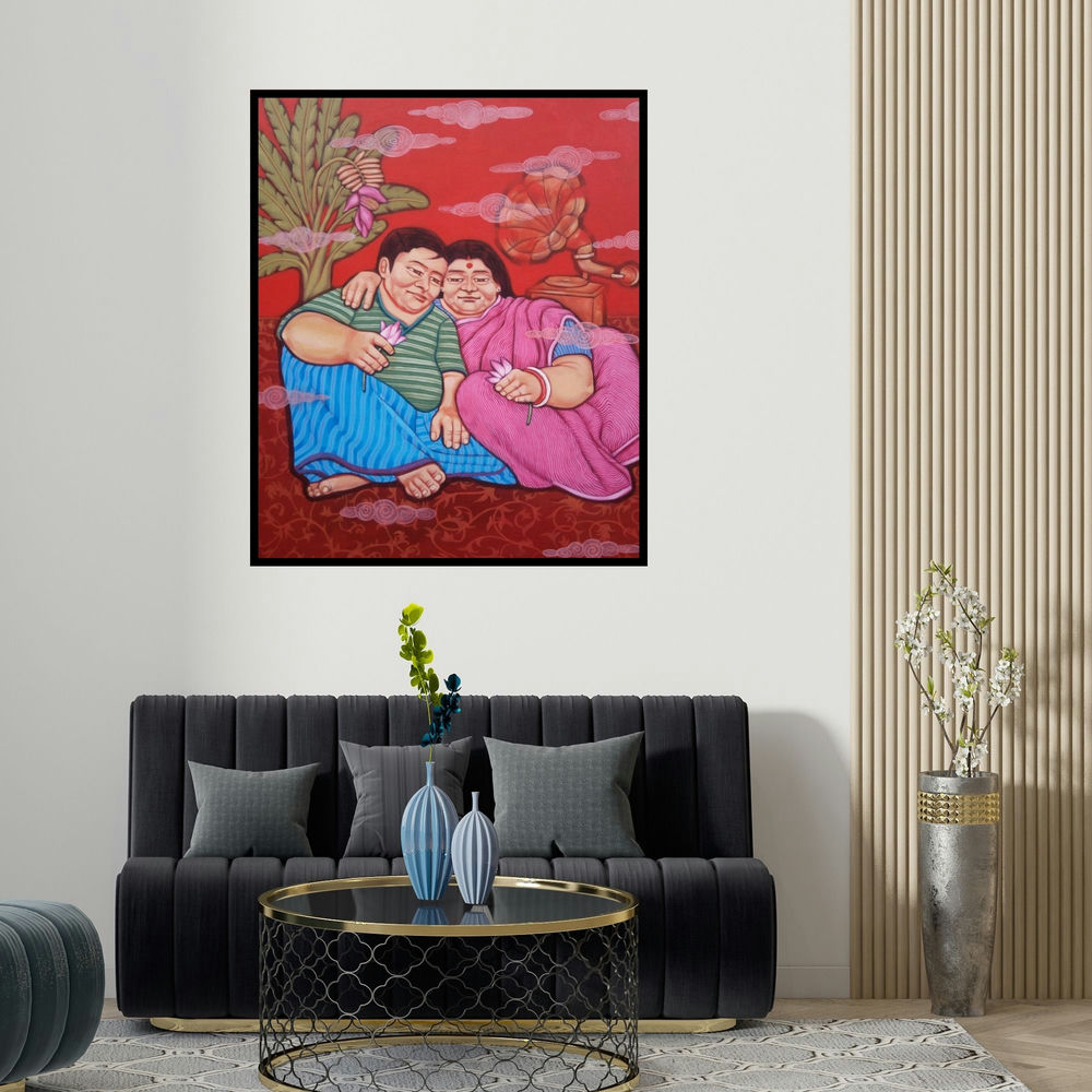 'Emotion (Domestic Bliss)' painting by Apurba Karati shown on a wall in a furnished room.