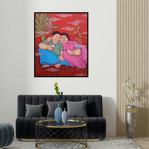 'Emotion (Domestic Bliss)' painting by Apurba Karati shown on a wall in a furnished room.