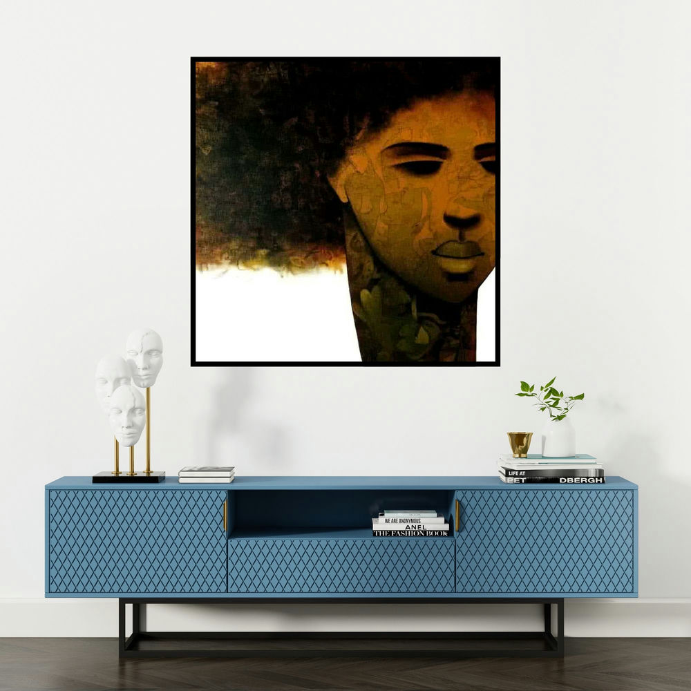 'Emotion Of Life 1 (Figure in Hues of Brown)' painting by Mukesh Salvi shown on a wall in a furnished room.