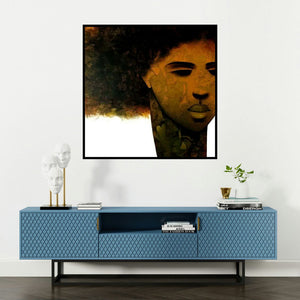 'Emotion Of Life 1 (Figure in Hues of Brown)' painting by Mukesh Salvi shown on a wall in a furnished room.