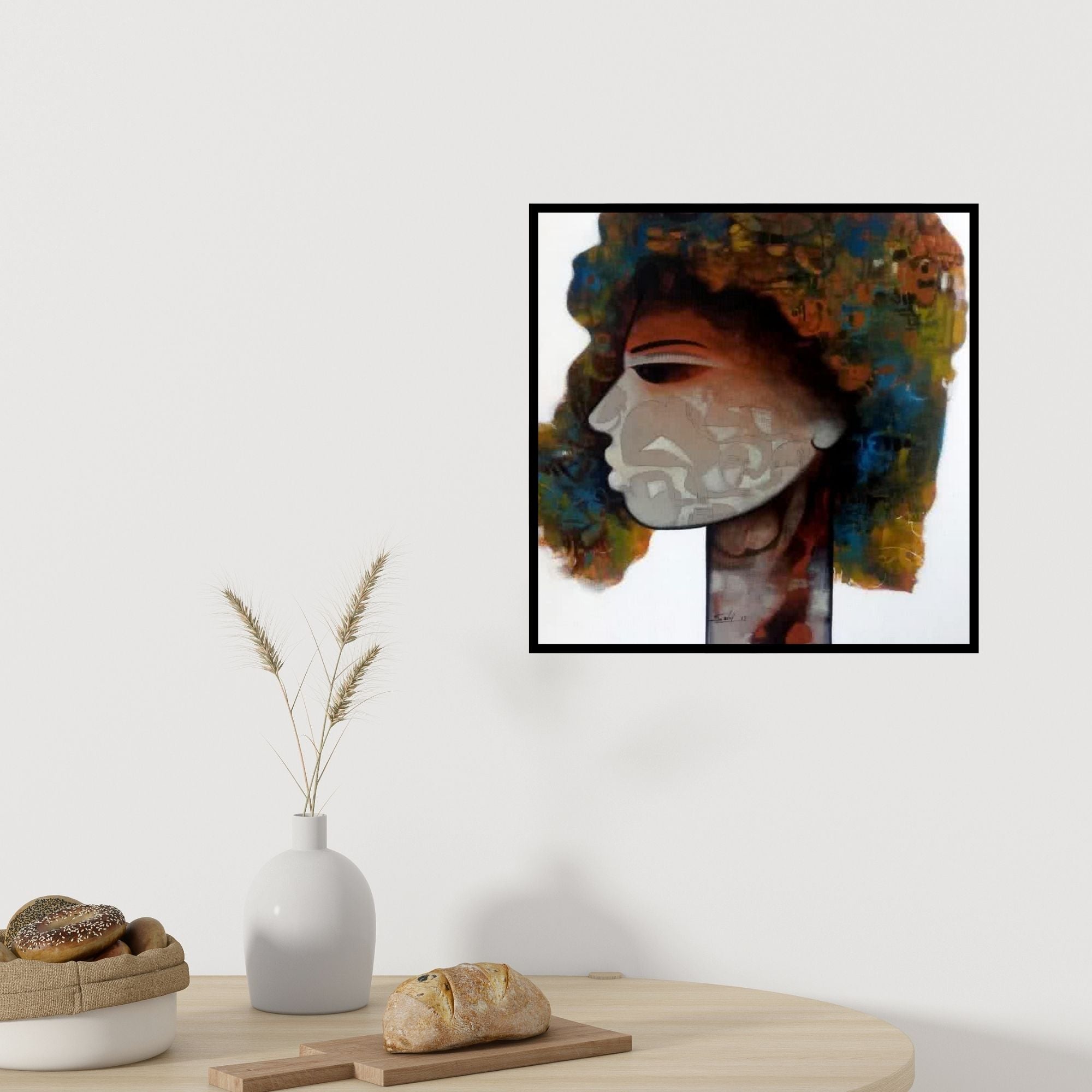 In-situ view of Mukesh Salvi's 'Emotion Of Life 8 (Woman in Profile)' painting in a room