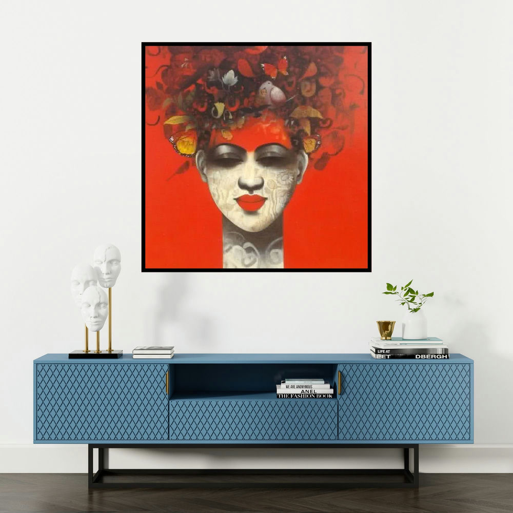 'Emotion Of Life 9 (Woman with Closed Eyes and Birds)' painting by Mukesh Salvi shown on a wall in a furnished room.