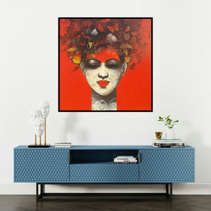 'Emotion Of Life 9 (Woman with Closed Eyes and Birds)' painting by Mukesh Salvi shown on a wall in a furnished room.