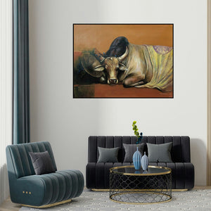 Jiban Biswas's 'Emotional Attachment 2 (Repose)' painting visualized above a sofa in a contemporary room.