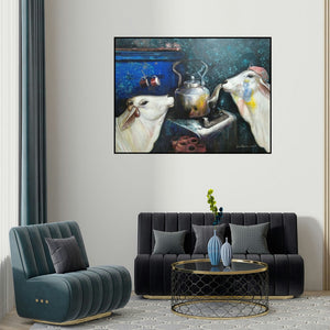 Jiban Biswas's 'Emotional Attachment (Tea Time)' painting visualized above a sofa in a contemporary room.