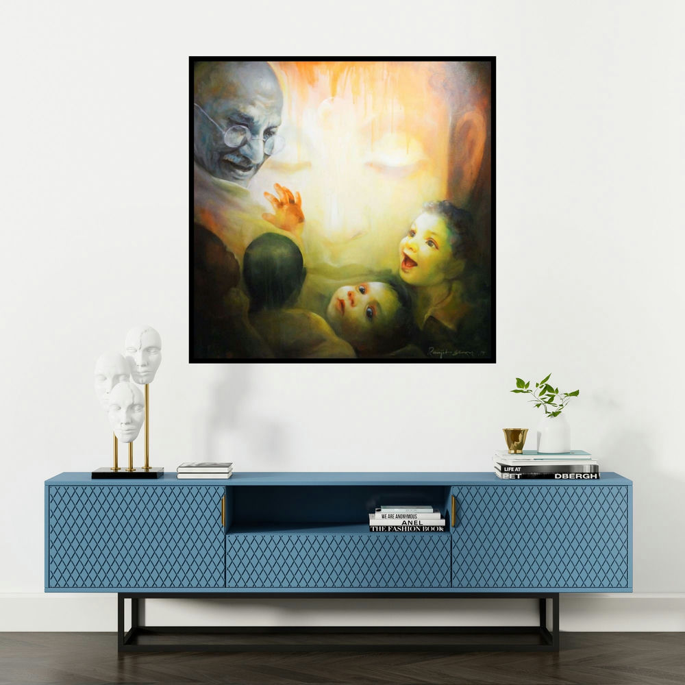 'The Emotional Watching 4' painting by Ranjit Sarkar shown on a wall in a furnished room.