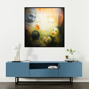 'The Emotional Watching 4' painting by Ranjit Sarkar shown on a wall in a furnished room.