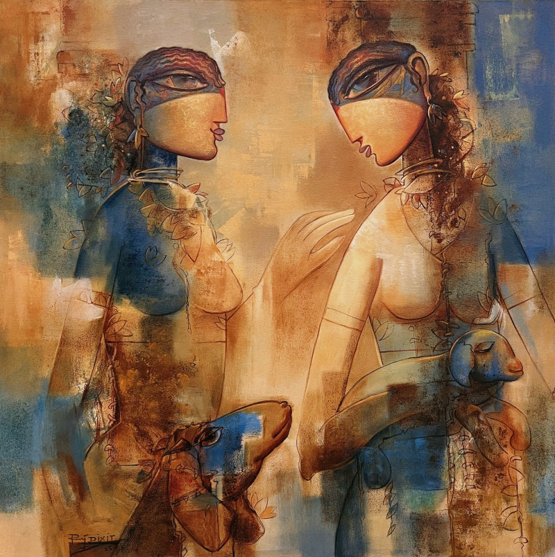 'Emotions' figurative acrylic painting by artist Rajendra Dixit, 32x32 inch, on canvas