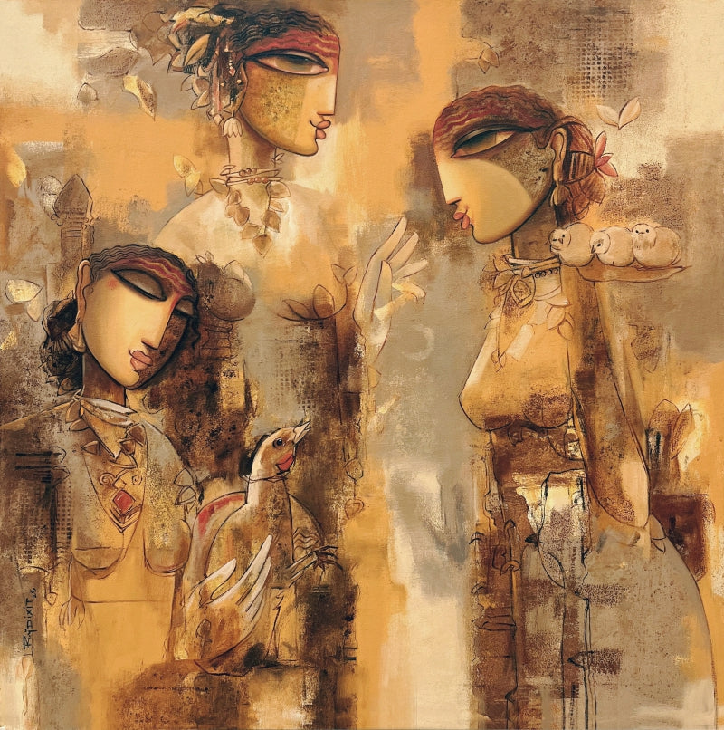 'Emotions 1' figurative acrylic painting by artist Rajendra Dixit, 32x32 inch, on canvas