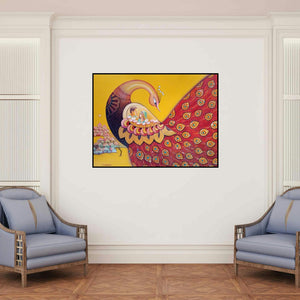 'Enchant 11 (The Love Nest)' painting by Sanjay Tandekar shown on a wall in a furnished room.