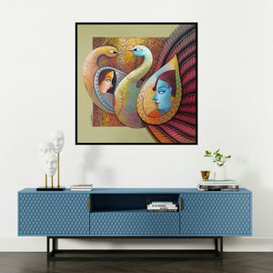 Sanjay Tandekar's 'Enchant 8 (Eternal Love)' painting visualized above a sofa in a contemporary room.