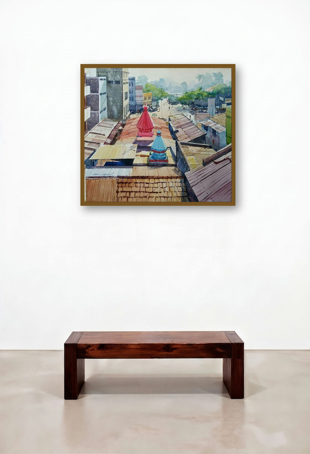 Enchanting Temple (A View from Above) by artist Abhijit Jadhav displayed in a Mid-Century Modern Foyer