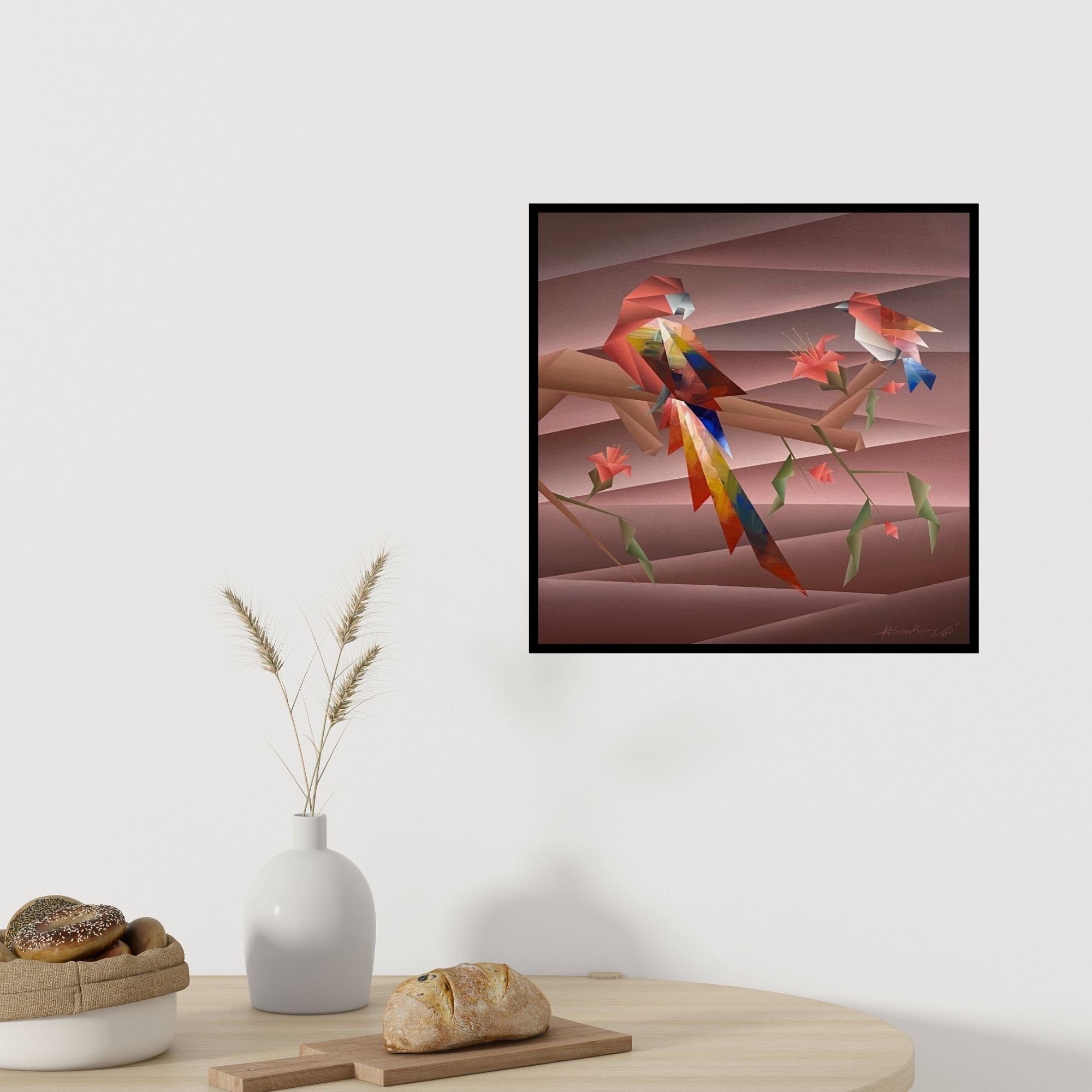 In-situ view of Nirakar Chowdhury's 'Encouragement (Avian Companions)' painting in a room