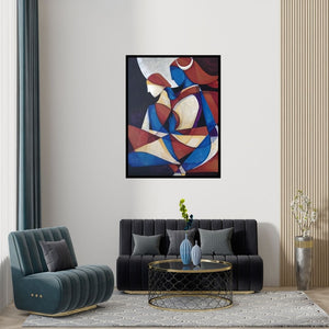 Preview of 'Endearment (Cosmic Dance of Shiva and Shakti)' Painting by Satyendra Rane shown on a wall in a furnished room.