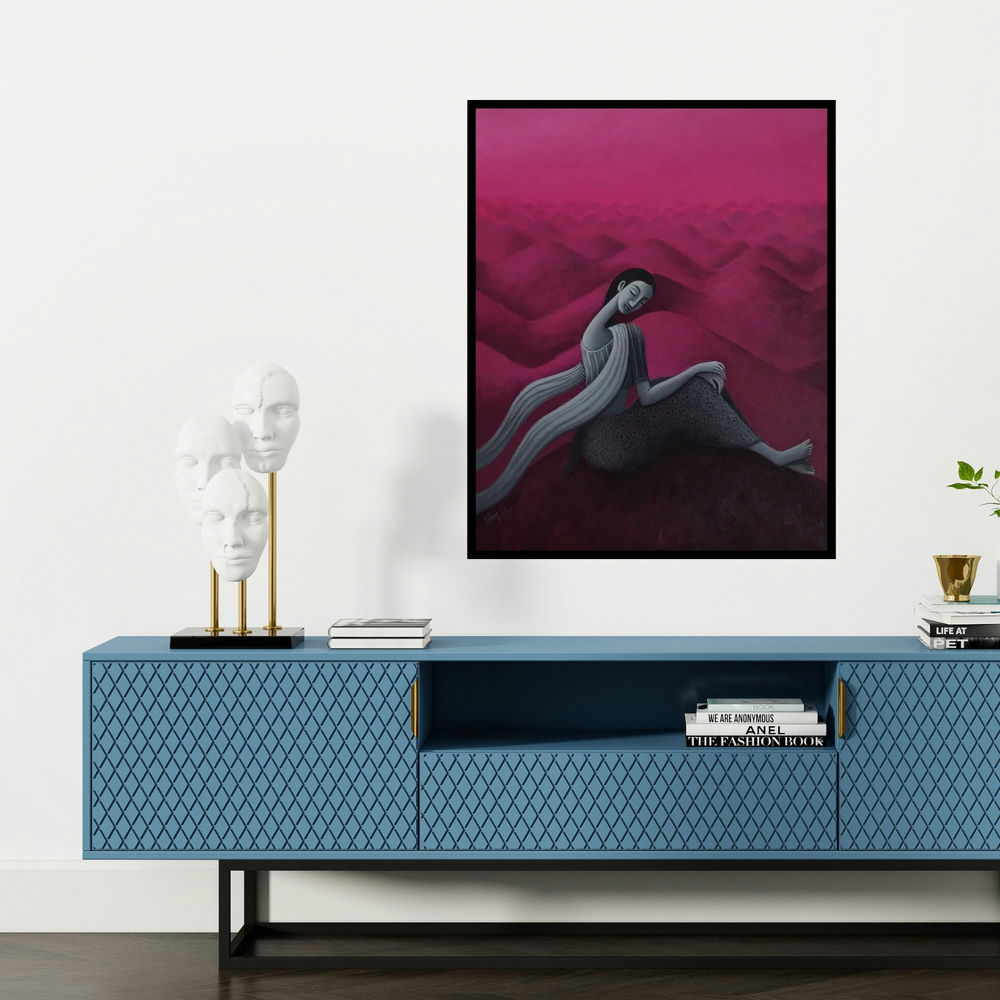 'Endless Dreams' painting by Uttam Bhattacharya shown on a wall in a furnished room.