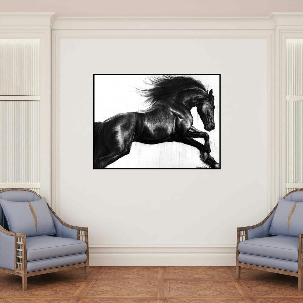 'Energy (Leaping Spirit)' painting by Anand Sai shown on a wall in a furnished room.