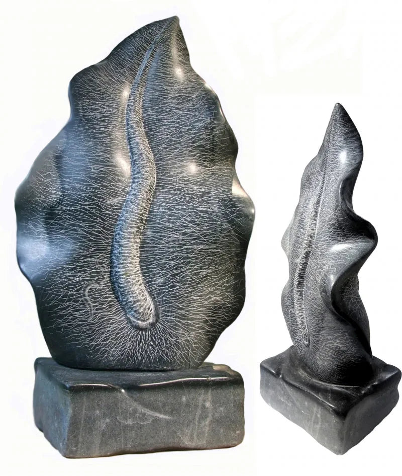 contemporary sculpture titled 'Energy Leaf', 24x8 inch, by artist Parminder Singh on Black Marble