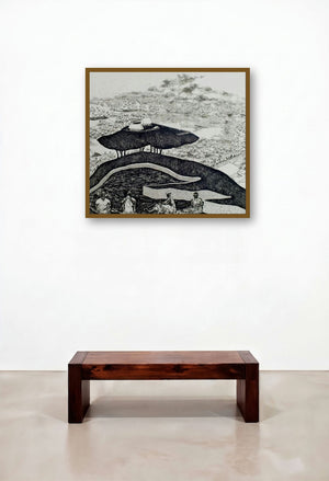 Enigmatic Urbanization (Hilltop Haven) by artist Sudeep Kumar Bashyal displayed in a Mid-Century Modern Study