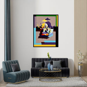 Preview of 'Enjoying Yourself (Rhythmic Abstraction)' Painting by Niraja Bhuwal shown on a wall in a furnished room.