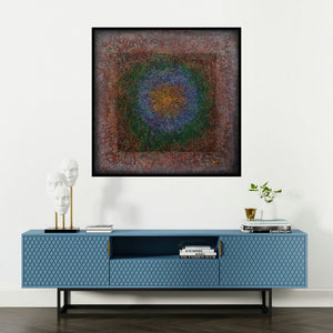'Enlightenment (Cosmic Tapestry)' painting by Anil Kumar Vishwakarma shown on a wall in a furnished room.