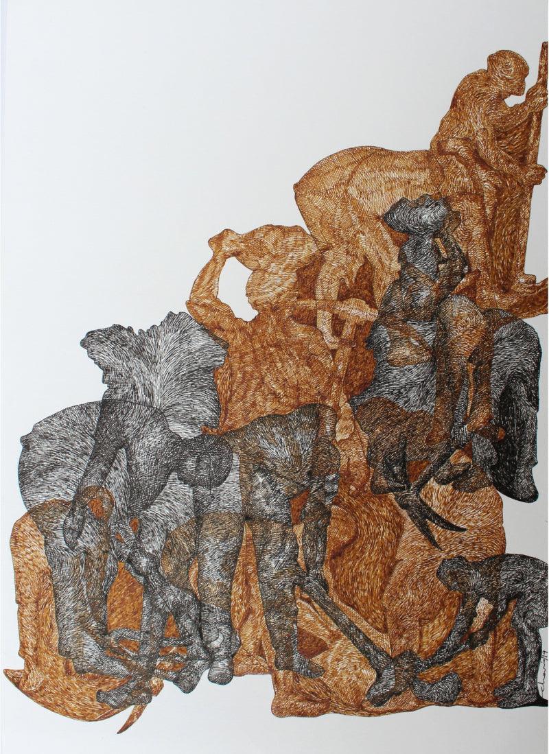 contemporary pen drawing titled 'Enmasses', 11x9 inches, by artist Appalachari Chalapaka on Paper